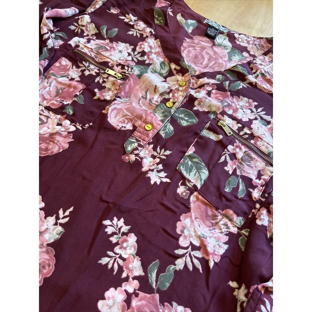 Belle Tweed Top Women 1X Blouse Chiffon Floral 3/4 Button Tab Sleeve - Picture 4 of 6